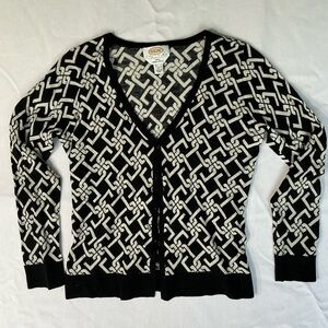 Talbots . Merino Wool . Vneck cardigan sweater . Black and White chain link